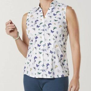 Laura Scott Butterfly Sleeveless Button Down Shirt, White, Blue, 3X Plus